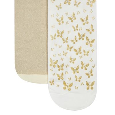 Pack of two girl's white and gold glitter and butterfly tights